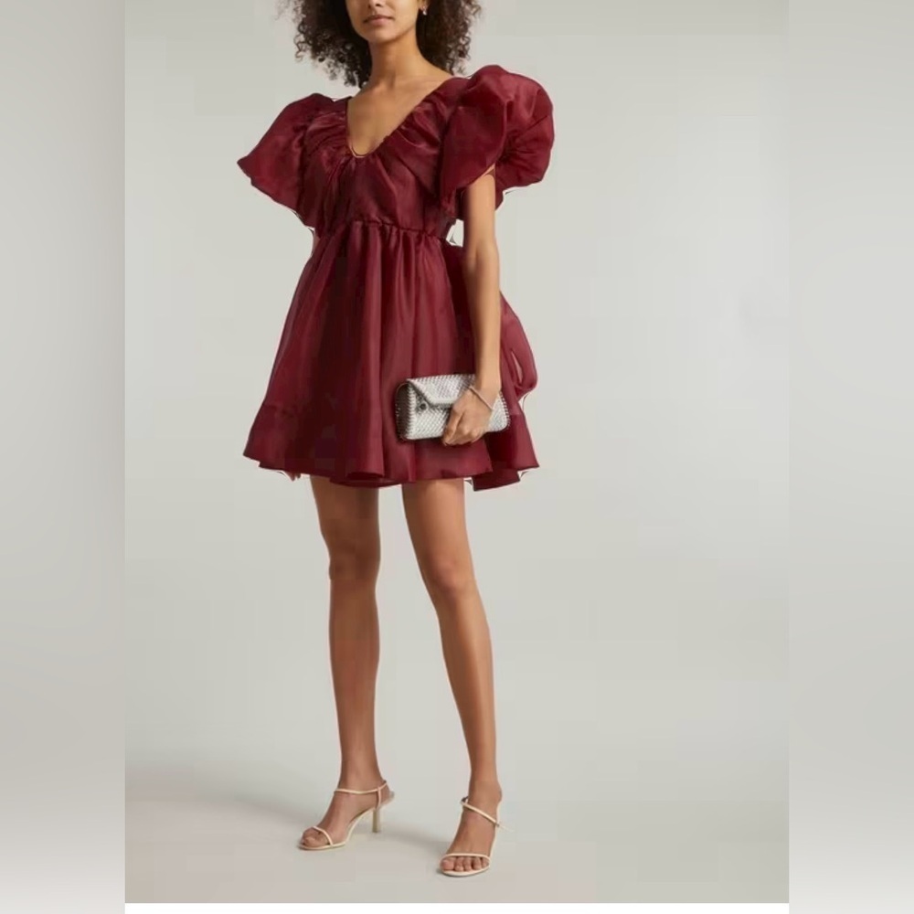NWT Aje Gretta Tie Organza Burgundy Mini Dress Size Medium Open Back V neck - Picture 3 of 10